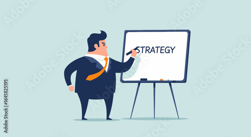 Cartoon businessman in a dark suit and orange tie writing the word 'Strategy' on a whiteboard with a marker.