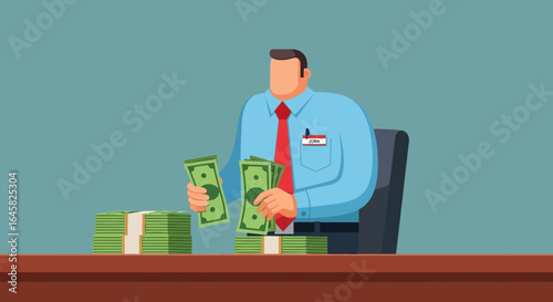Cartoon Man "John" Counting Stacks of Green Dollar Bills at Desk