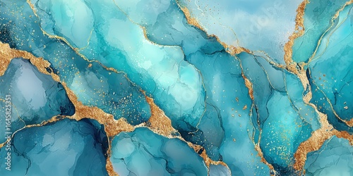 Flowing turquoise and teal watercolor abstract with golden glitter veins