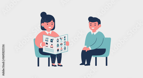 Friendly business consultation with a woman showing a product catalog to a smiling man.
