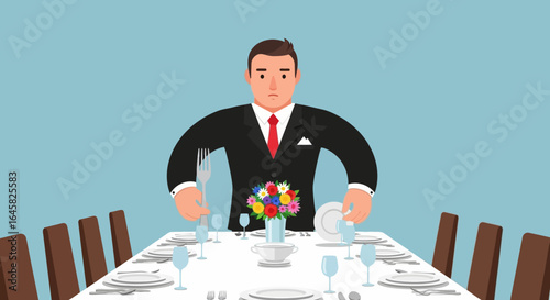 Formal man in a black suit with a giant fork and plate, looking confused at a dinner table.