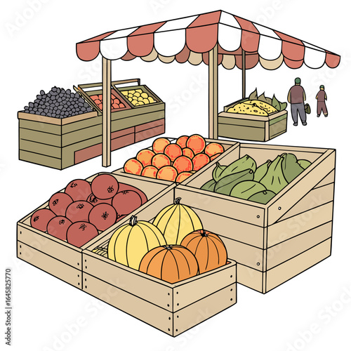 Illustration of a fruit and vegetable stand with various produce and two shoppers in the background