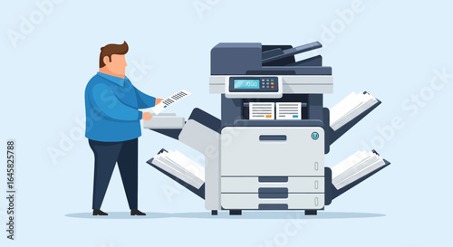 Man in a blue shirt using a large multifunction office printer to copy documents.
