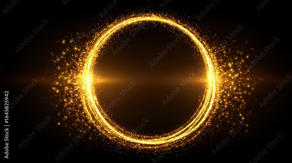 Naklejka premium Glowing golden ring with shimmering particles on a dark background light