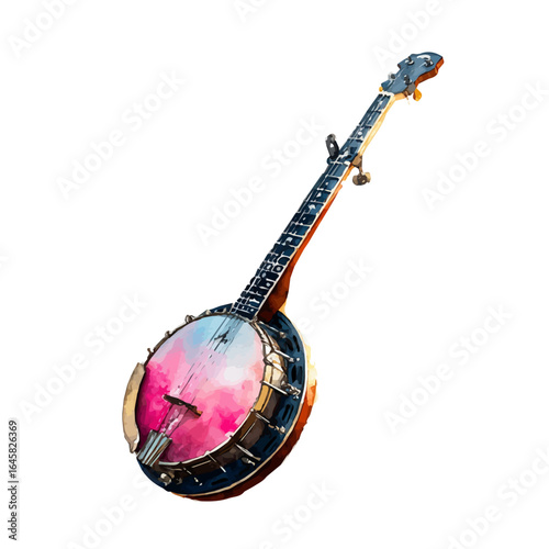 Banjo in watercolor style, vector illustration, isolated on white background.