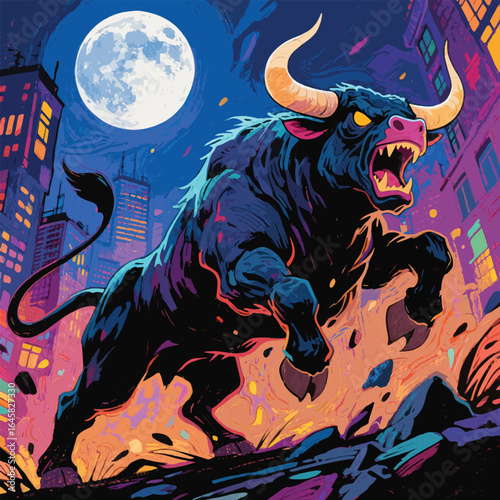 Angry Bull Creature in a City Street Background Vector Design Template