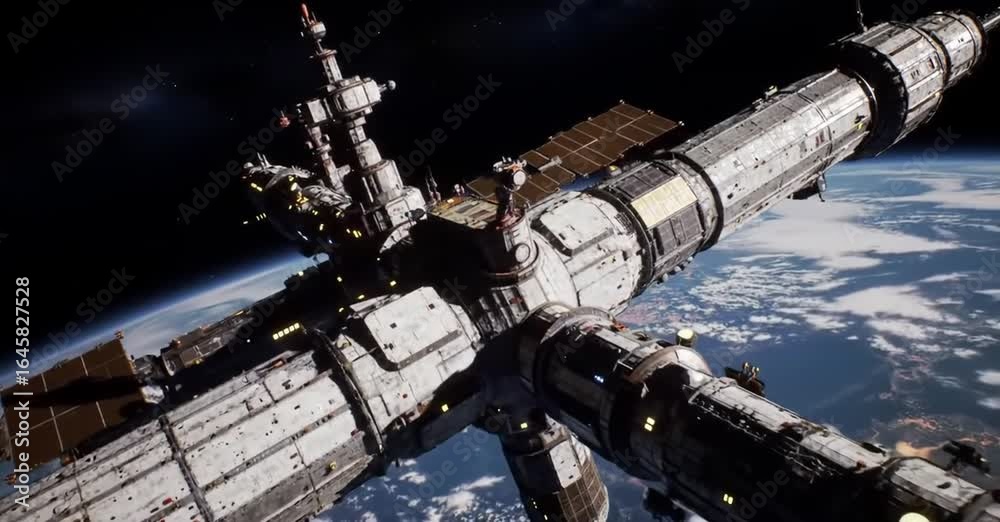 Cinematic Flyby of Massive Space Station Orbiting Earth With Glowing Panels – Futuristic Sci-Fi Orbital View