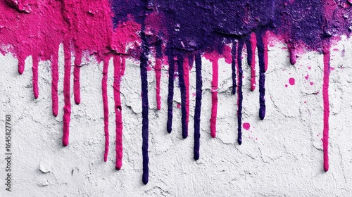Dripping paint in vibrant pink and deep purple hues streaks down a textured white wall