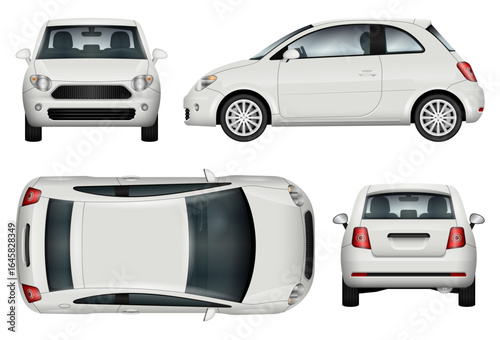 Mini car vector template for car branding and advertising. Isolated minicar set on white background. All layers and groups well organized for easy editing and recolor. View from side, front, back, top