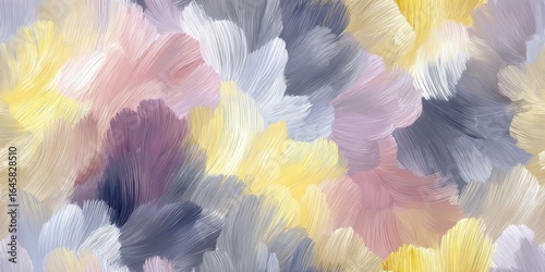 Textured abstract painting with overlapping brush strokes in pastel yellow pink purple and blue hues