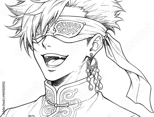 Smiling manga character with blindfold and earring, black and white