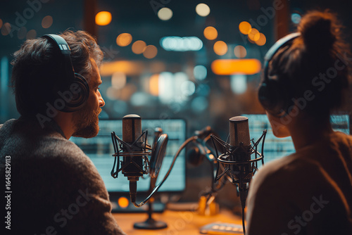 Two people recording a podcast in a modern studio, bright studio lights, microphones and headphones