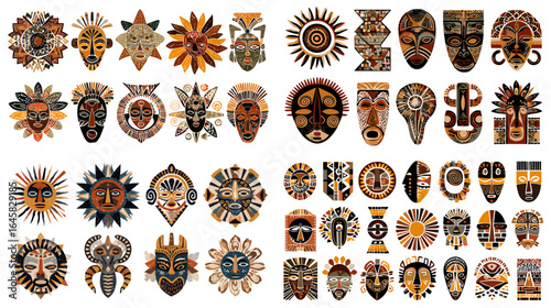 Collection of African tribal masks with traditional ethnic motifs in vibrant colors, ideal for cultural art, crafts, posters, textiles, and decorative design.