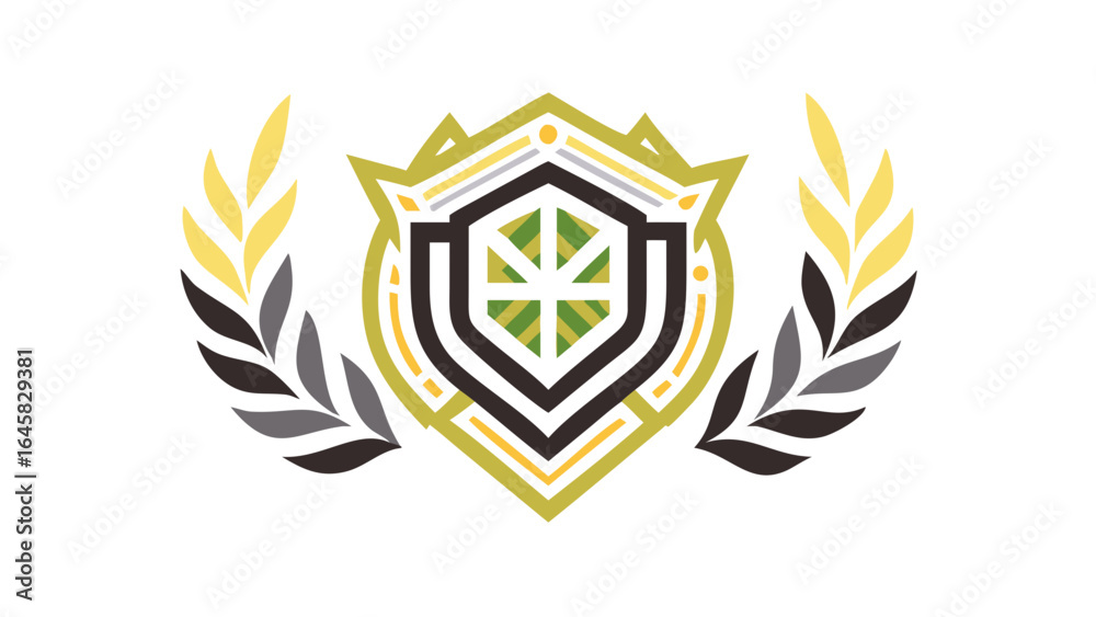Obraz premium Shield logo emblem with leaves and geometric design heraldry vector graphic illustration template design