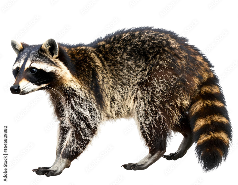 Fototapeta premium Curious Raccoon in Walking Pose, Side Profile, Nocturnal Wildlife PNG