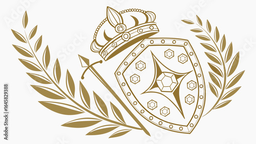 Crown shield sword heraldry emblem vintage laurel wreath royal crest medieval vector graphic design element