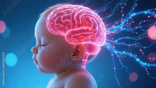 Baby brain development concept with neural connections and glowing synapses illustration.