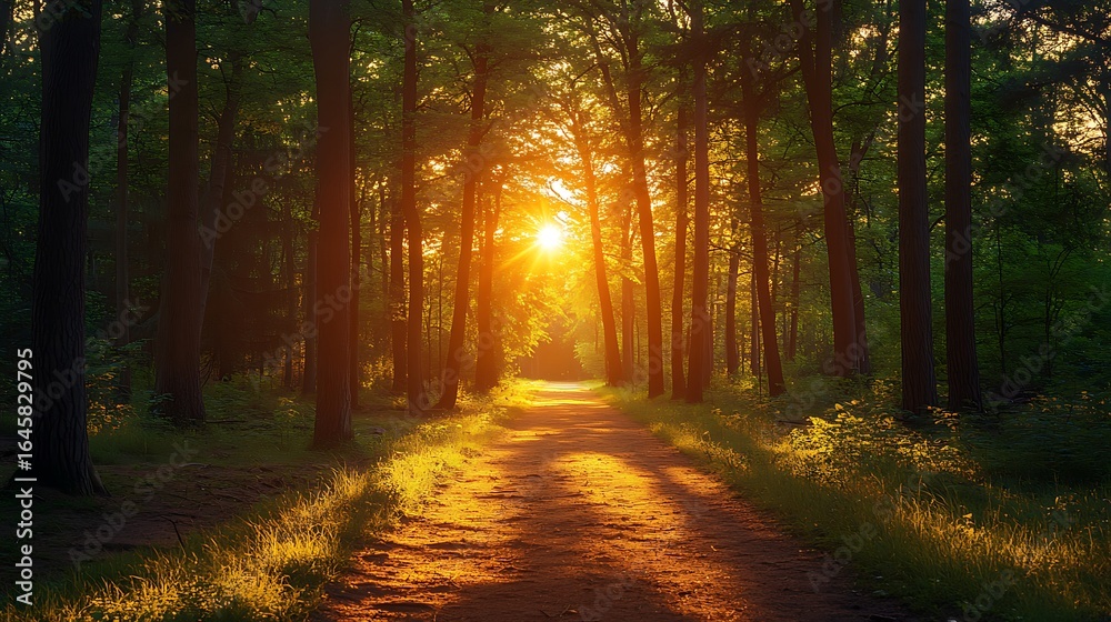 Fototapeta premium Golden Sunlight Pathway Through Lush Green Forest, Natural Beauty and Tranquility