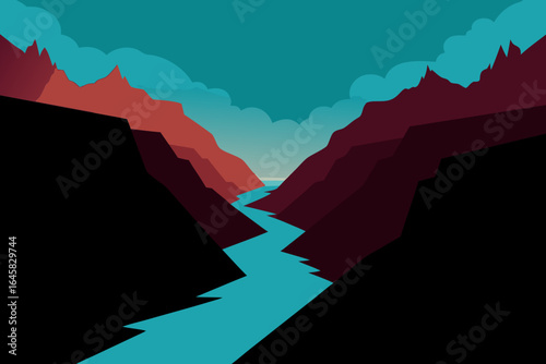 Stylized landscape of a winding river through red and black mountains