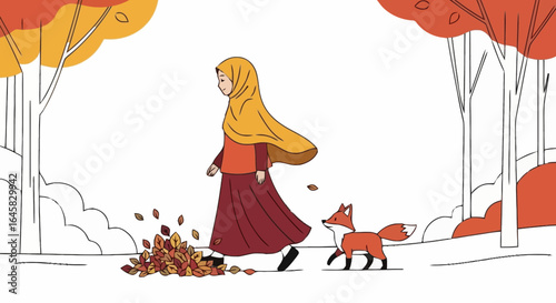 Autumnal Illustration of a Woman in Hijab Walking with a Fox Amidst Falling Leaves, Ideal for Children's Books and Seasonal Educational Materials