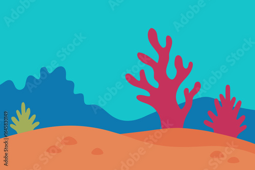 Colorful cartoon coral reef with underwater landscape and blue ocean background
