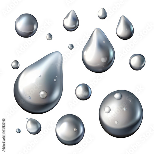 3d realistic metal droplets isolated on transparent background