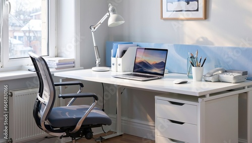 Bright and Clean Workspace: A Modern Home Office Featuring Minimalist Design, Natural Light, and Functional Organization