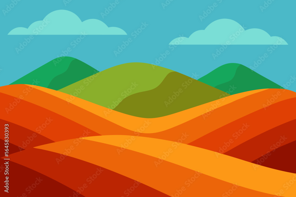 Fototapeta premium Stylized landscape with rolling hills and clouds in flat design
