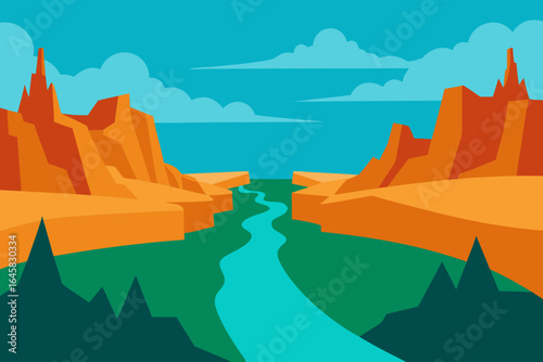 Stylized illustration of a winding river flowing through a grand canyon