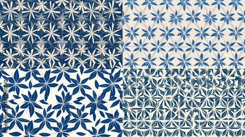 Seamless floral blue patterns inspired by traditional botanical motifs, ideal for fabric, wallpapers, home decor, wrapping, and stylish textile backgrounds.