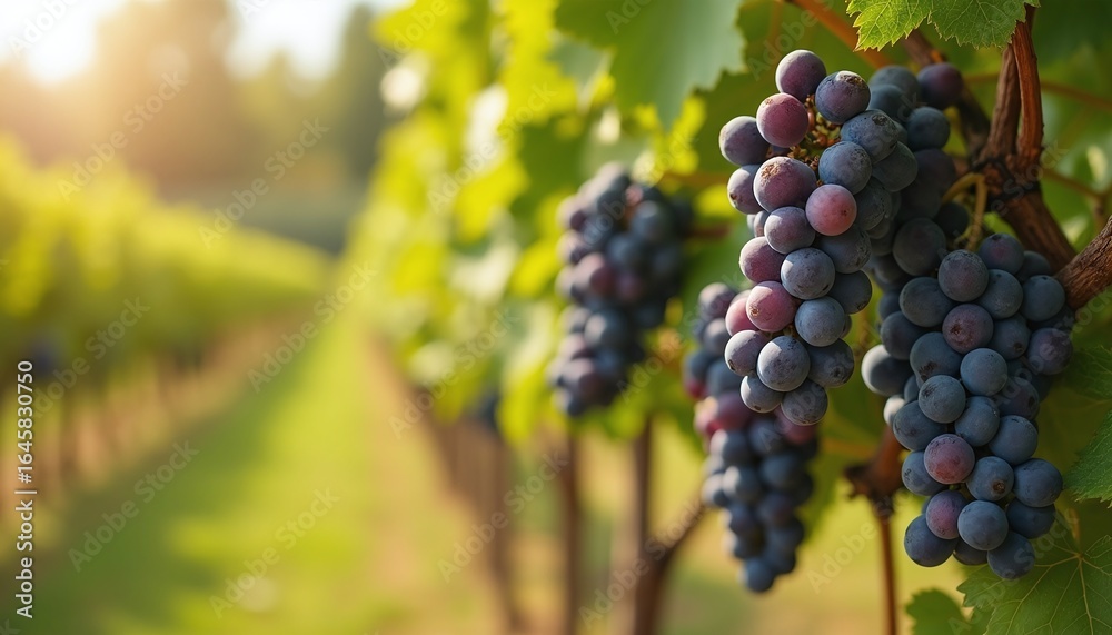 Naklejka premium Grapevine in Sunlight, blurred vineyard scenery in the background