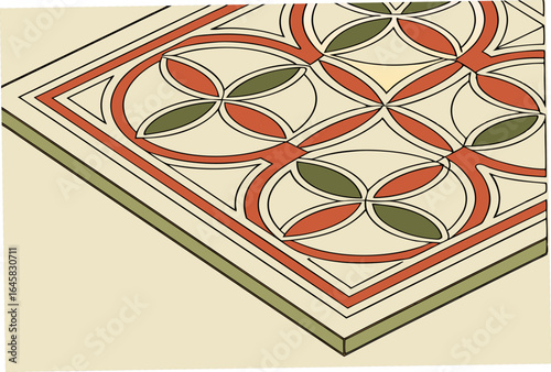 Geometric pattern with interlocking circles and floral motifs in red and green