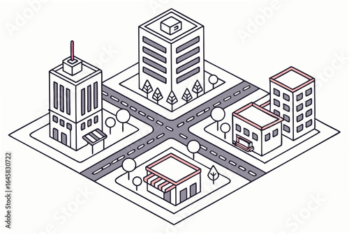 Isometric view of a city intersection with modern buildings and trees