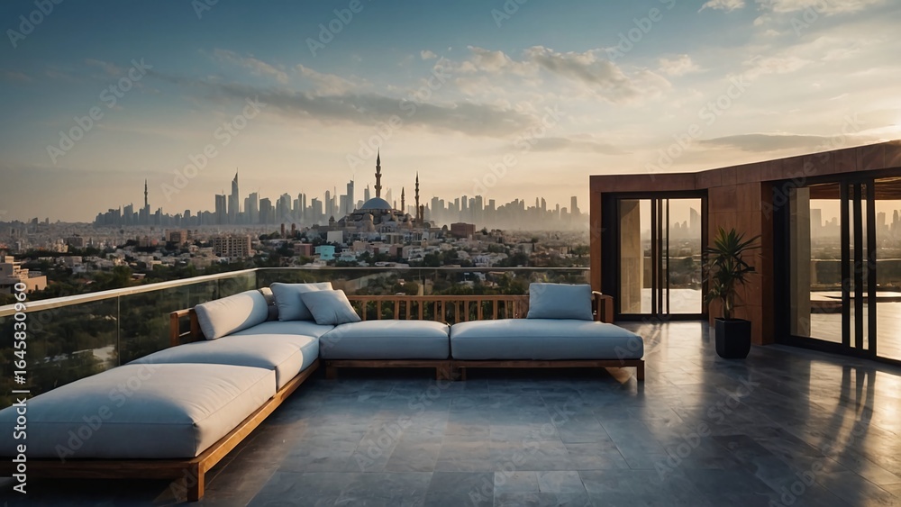Fototapeta premium Luxury Rooftop Terrace with City View at Sunset Modern Architecture