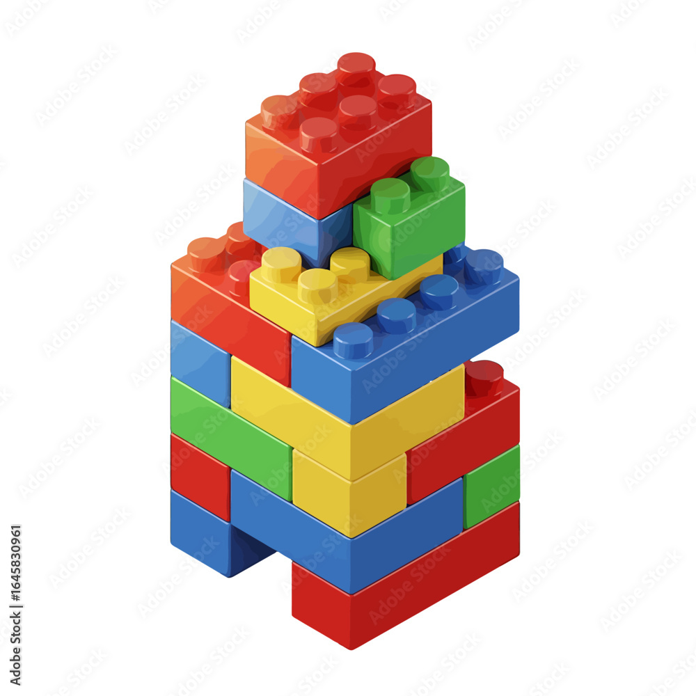 Fototapeta premium A colorful tower of glossy interlocking plastic toy bricks in red blue yellow and green.