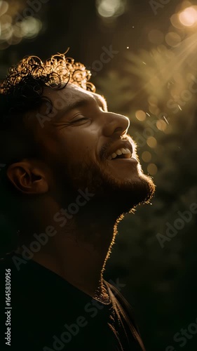 Meditation, wellness and man with breathing by park for mindfulness, healing aura or spiritual mental health. Flare, below or peaceful in nature with fresh air, face or eyes closed for energy balance