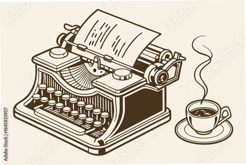 Vintage typewriter with a steaming cup of coffee on a saucer