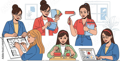 A group of women working on different aspects of interior design and home improvement projects together