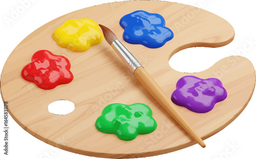 Wooden artists palette with vibrant blobs of red yellow blue green and purple paint and a paintbrush.