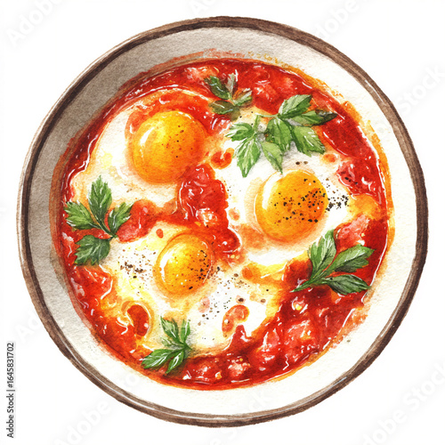 Watercolor art of shakshuka eggs in tomato sauce