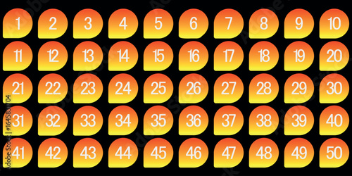 Orange Yellow Gradient Number Icons 1 to 50 on Black Background