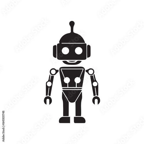 Minimalist humanoid robot icon with antenna, mechanical joints, and claw hands