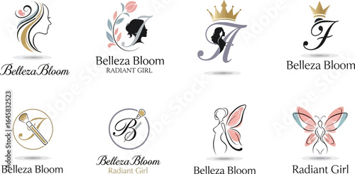Collection of beauty and cosmetics logos featuring stylized women and elegant design elements on a white background