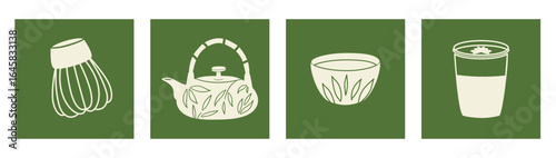 Matcha tea set with cup, whisk, latte, and teapot in green tones. Ideal for cafes, tea brands, packaging, and designers inspired by Japanese tea culture.