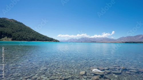 Lake wanaka in new zealand with clear water, mountains, and blue sky on a sunny day