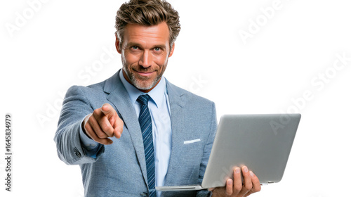 Businessman with Laptop: An elegant businessman, with a laptop and pointing his finger with direct gaze, in an inviting pose.