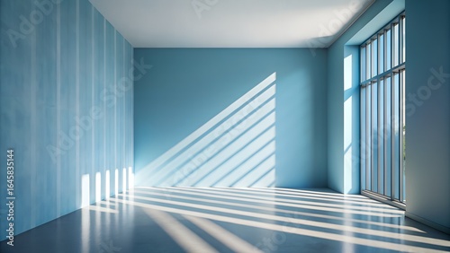 Photo of empty room with light blue walls and floor, featuring sunlight streaming through a large window, creating diagonal shadows and a serene atmosphere