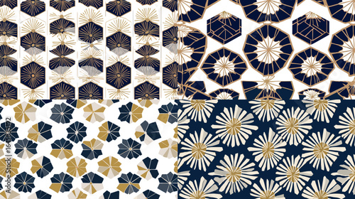 Elegant Japanese geometric floral patterns in navy and gold tones, perfect for textile prints, traditional art, and modern decorative design projects.