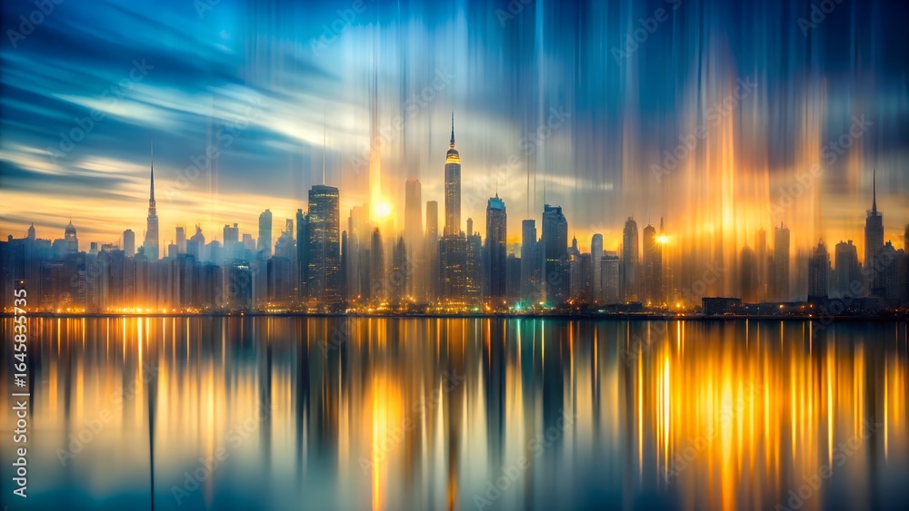 Fototapeta premium Photo of a vibrant cityscape skyline at dusk, with colorful lights reflecting on the water, creating a dynamic and energetic urban atmosphere