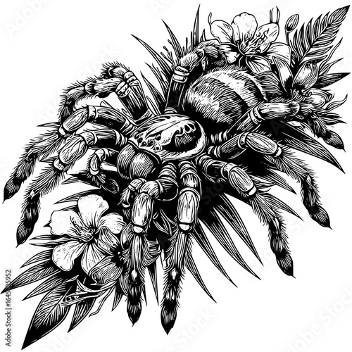 Tarantula spider with flowers and leaves
